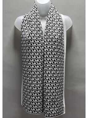 Michael Kors 100% Acrylic Mk Monogram Scarf Black White Jacquard Knit Wrap